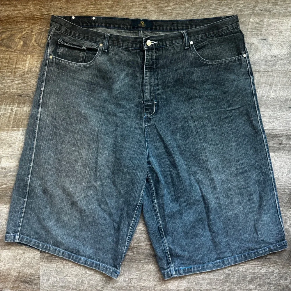 Old Skool Y2K Jean Shorts 48 ‎ Dark Wash Embroidered Baggy Hip Hop Streetwear